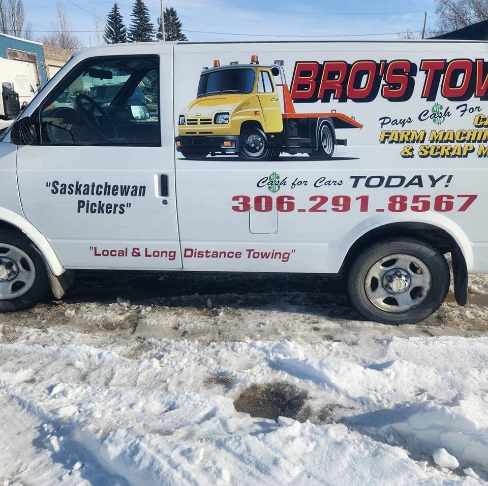 Bro's Tows branded service van in winter